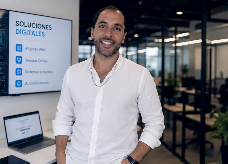 Matías Tiehl en su oficina, junto a una pantalla con los servicios que ofrece